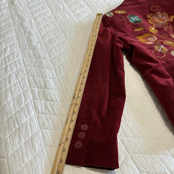 CAbi Women’s The Poet Velvet Embroidered Blazer Burgundy Cotton Blend | Size 8 - Picture 14 of 14